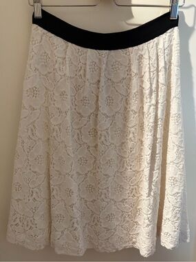 Cream Lace A-Line Skirt with Black Waistband
